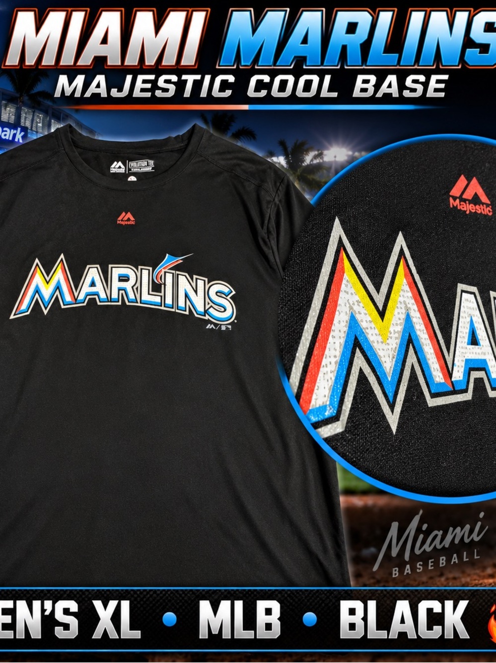 Miami Marlins Majestic Cool Base Evolution Tee Men’s XL MLB Black Shirt 2016